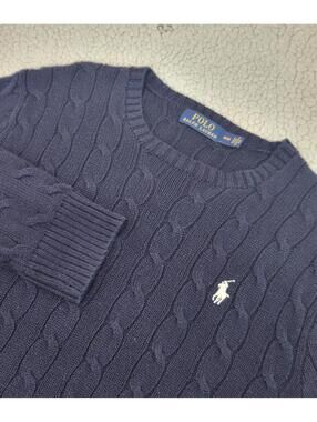 Polo Ralph Lauren Navy White Pony Cable-Knit Cotton Fisherman Sweater Sz Medium